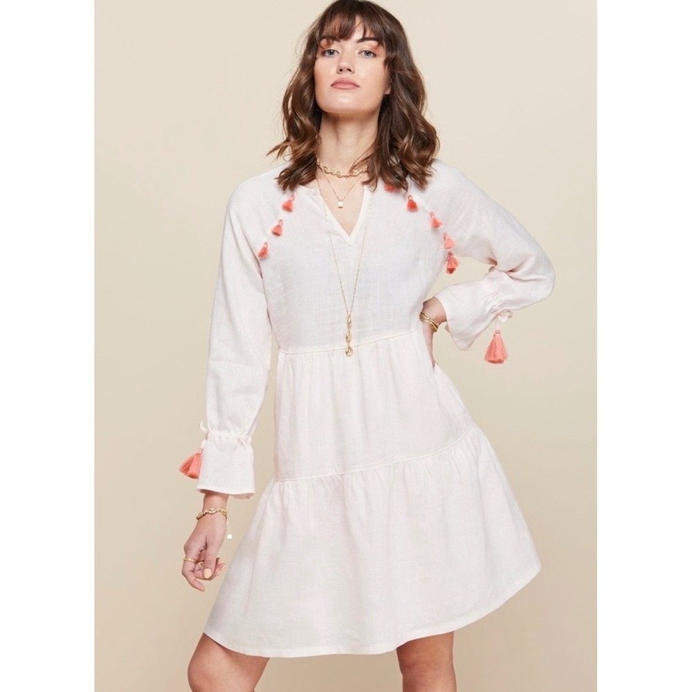 Spartina 449 Ellis Pink Linen Tassel Tiered Dress Long Sleeve Boho Mini M